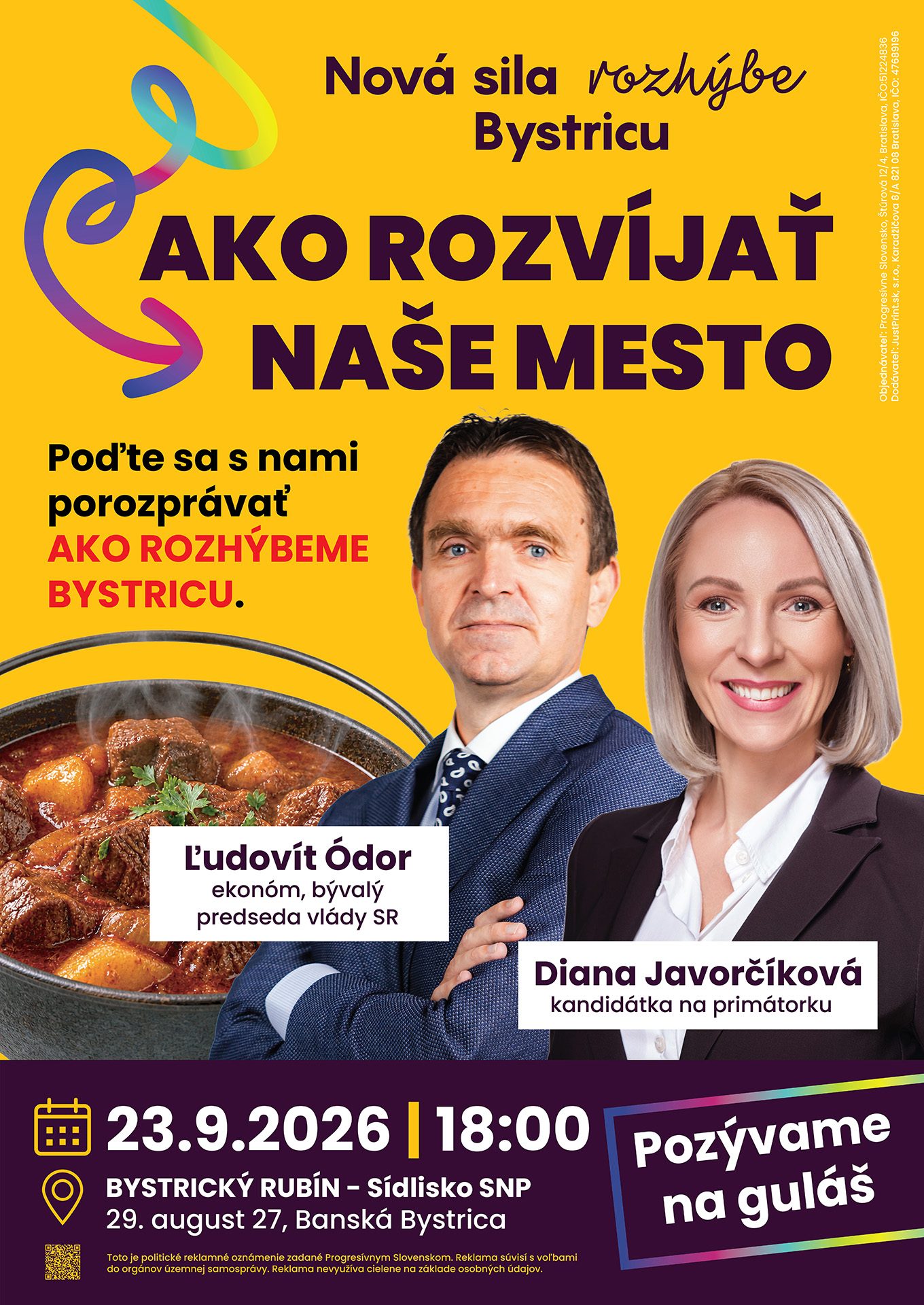 Plagát: Ako rozvíjať naše mesto – Ľudovít Ódor a Diana Javorčíková, 23. 9. 2026 o 18:00, Bystrický Rubín